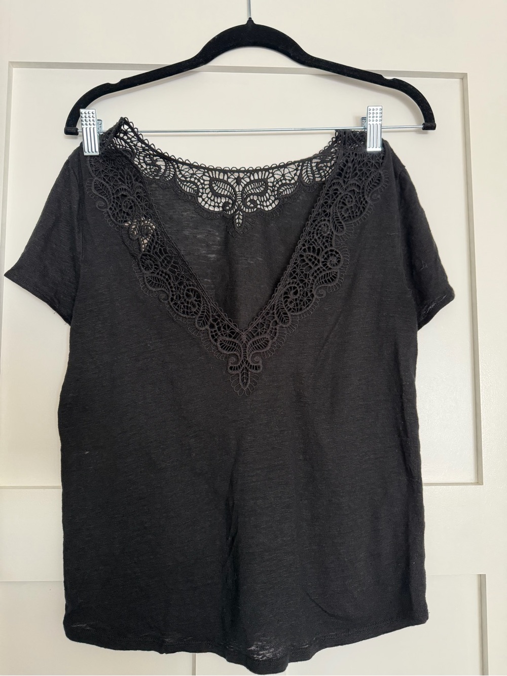 Sézane Black Lace-Trim Short Sleeve Women's Top